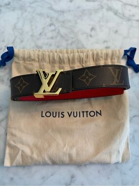 Louis Vuitton Monogram Reversible Brown and Red Belt with Gold LV Buckle LIKENEW
